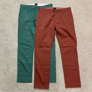 2 LOT! Men's J. CREW Green Brown THE DRIGGS Slim CHINOS Flat Front PANTS 31 x 30